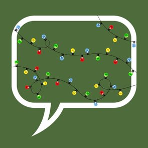 Colorful string lights arranged across a speech bubble shape on a green background.