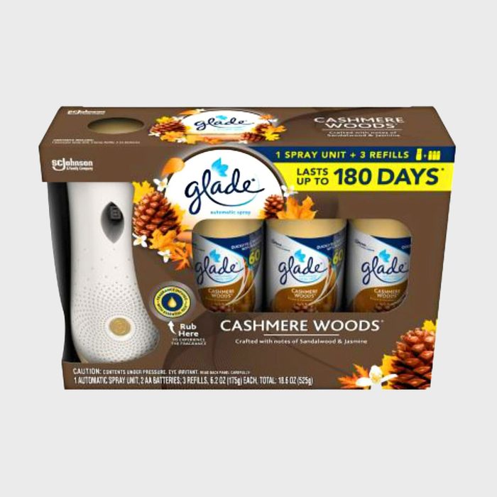 Air freshener package showing one dispenser and three refills. Text highlights 