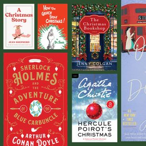 Book covers visible, featuring festive and detective themes. Titles include 