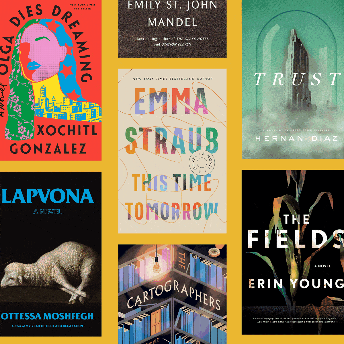 Six colorful book covers arranged in a grid, featuring varied designs and typography on a yellow background, showcasing different titles and authors.