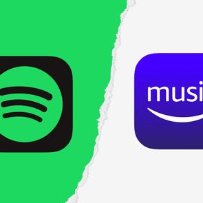 Spotify and Amazon Music app icons displayed side by side on a split green and white background.