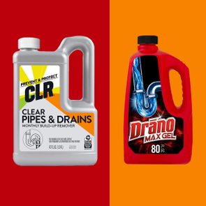 Two bottles of drain cleaner stand side by side against a split red and orange background, labeled 