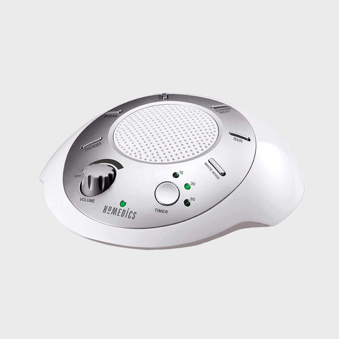 A white noise machine emits sound; settings include ocean, thunder, rain, summer night, and white noise; location unspecified.