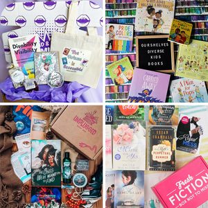 Various book-related subscription boxes are displayed, featuring diverse books, totes, and accessories in colorful settings, emphasizing accessibility, diversity, and themed collections.