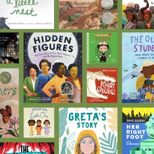 Book covers displayed in a collage; titles include 
