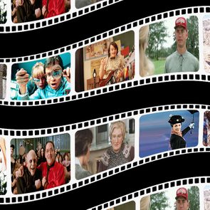 Filmstrip displays various iconic movie scenes, showcasing diverse characters and settings, illustrating a vibrant montage of cinematic moments in colorful frames.