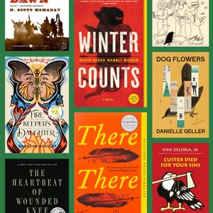 Nine book covers are arranged on a green background, each featuring unique illustrations and titles including 