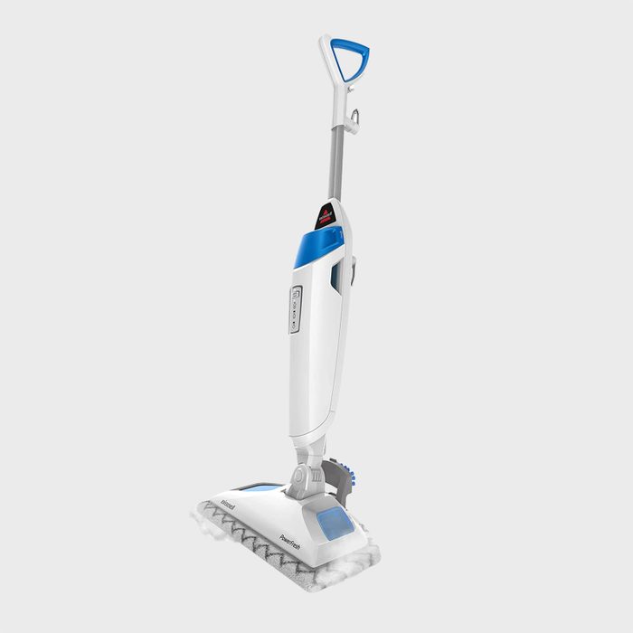 Steam mop stands upright on a clean, white background. The handle and base are blue and white, with brand and model details visible.