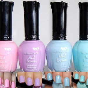 Nail polish bottles displayed in pink, purple, blue shades; matching polished nails shown below. Text reads 