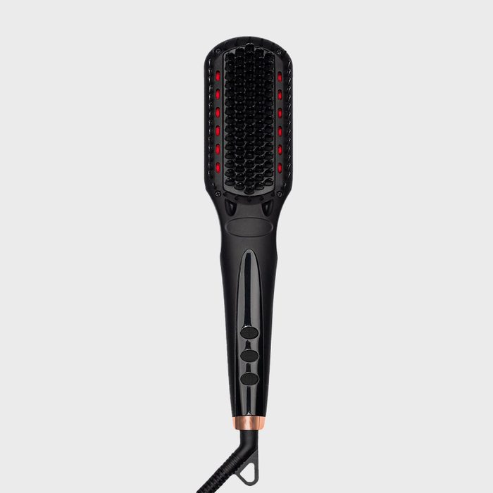 Black hair straightening brush with red indicator lights, shown against a plain gray background. The handle has three circular buttons.
