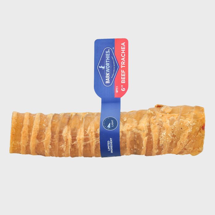 A beef trachea treat wrapped with a blue label, labeled 