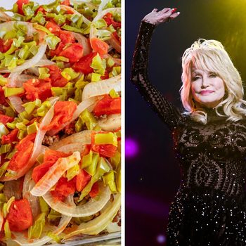 Left side: Chopped tomatoes, green peppers, onions arranged in close-up. Right side: Person wearing black outfit, raising hand on stage with bright lighting.