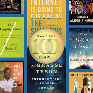 Book covers arranged in a grid, showcasing various titles and authors, centered around a 
