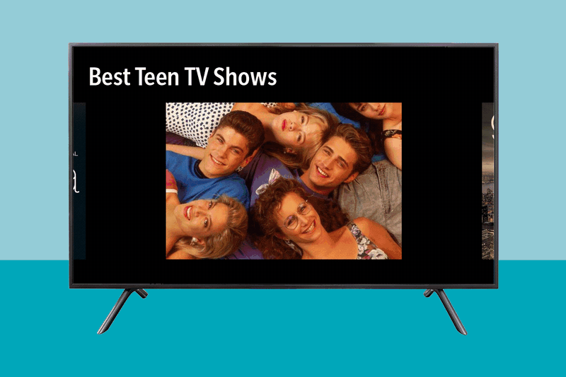 TV displays grouped teenagers smiling, labeled 