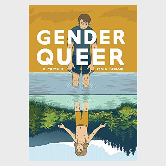 Person stands knee-deep in water, gazing downwards; their reflection displays different attire, surrounded by forest. Text reads 