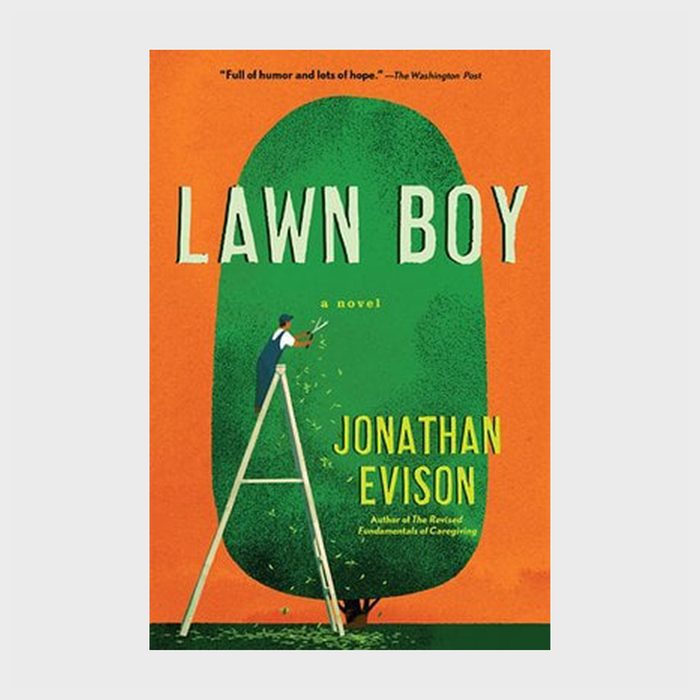 A person trims a large green hedge on a ladder against an orange backdrop. Text reads 