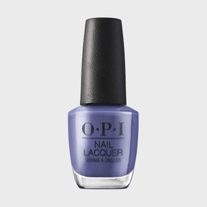 A bottle of OPI Nail Lacquer stands upright, showcasing a vibrant purple hue with a black cap against a plain background.