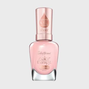 Pink nail polish bottle, labeled â€œSally Hansen Color Therapy.â€ Features argan oil formula, set against a plain white background.