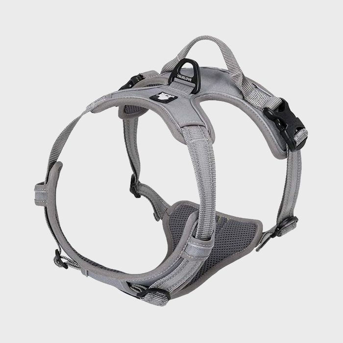 Gray dog harness stands upright, displaying straps and buckles, set on a plain white background. Label reads 
