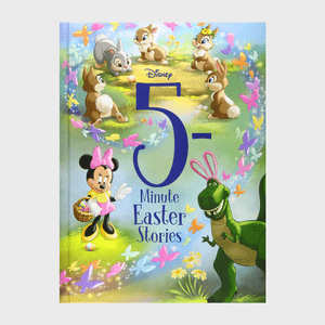 Book cover shows Minnie Mouse holding an Easter basket, surrounded by colorful butterflies and cartoon animals. Text reads: 