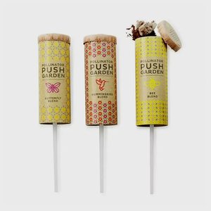Three cylindrical push garden tubes displayed, labeled 