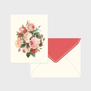 Card displays pink roses, resting on a red-lined envelope, set against a light background.