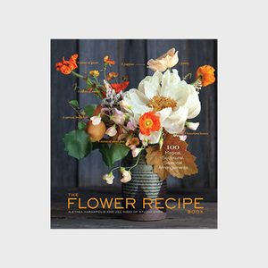 A flower arrangement sits in a vase against a dark wooden background, with overlapping text detailing flower types and the book title.