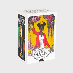Tarot deck box displays a woman holding a wand; surrounded by colorful flowers, inside a decorative design. Text: 