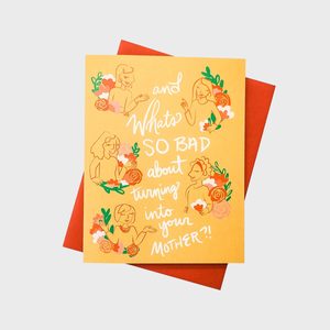Greeting card displays illustrations of women surrounded by flowers with text: 