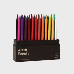 Colored pencils stand upright in a black box labeled 