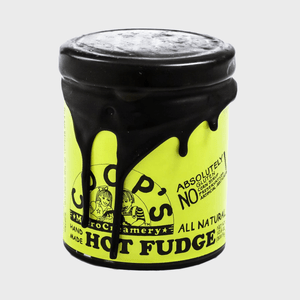 Jar with hot fudge dripping, displaying text 