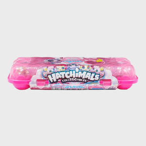 Pink plastic package holds Hatchimals Colleggtibles inside, resembling an egg carton in a playful and colorful design.