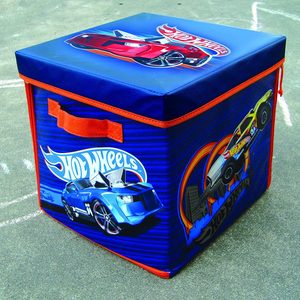 A blue storage box displays colorful Hot Wheels cars against concrete, featuring orange edges and handles, and vivid car graphics on all sides.