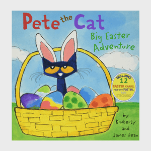 Cat with bunny ears sits in a basket of colorful Easter eggs, against a blue sky with clouds. Text: 