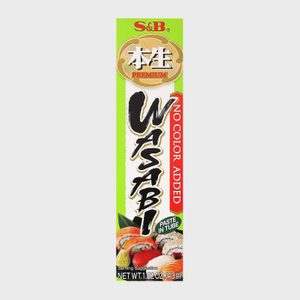 Wasabi paste packaging displays sushi images, green theme, 