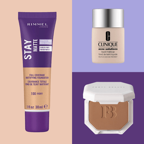 Three makeup products displayed: Rimmel Stay Matte foundation tube, Clinique liquid makeup bottle, and Fenty Beauty compact against a colorful, divided background.