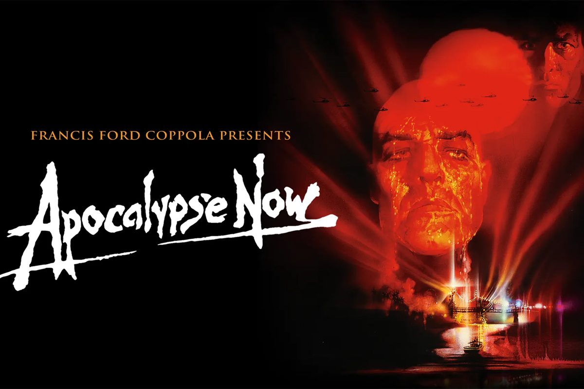 Title "Apocalypse Now" appears with fiery faces and helicopters in a dramatic, red-hued background; water and boat reflect intense light below.