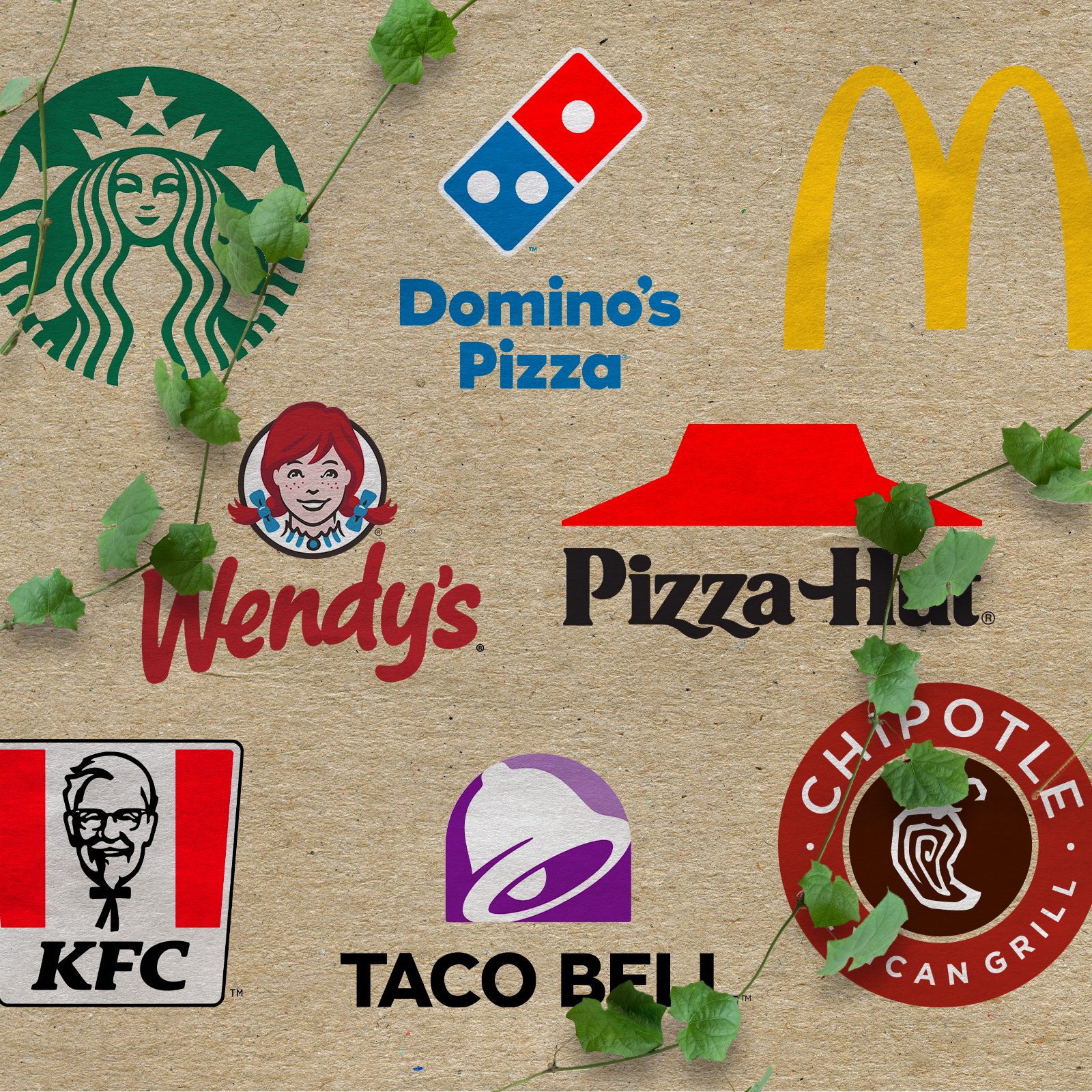 Logos are displayed on a textured background, featuring various fast-food brands like Starbucks, McDonald's, Wendy's, and Taco Bell, with green leaves scattered.