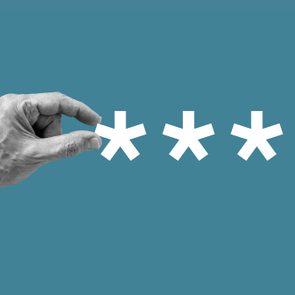 Hand holds white asterisk shape; others float horizontally against a blue background.