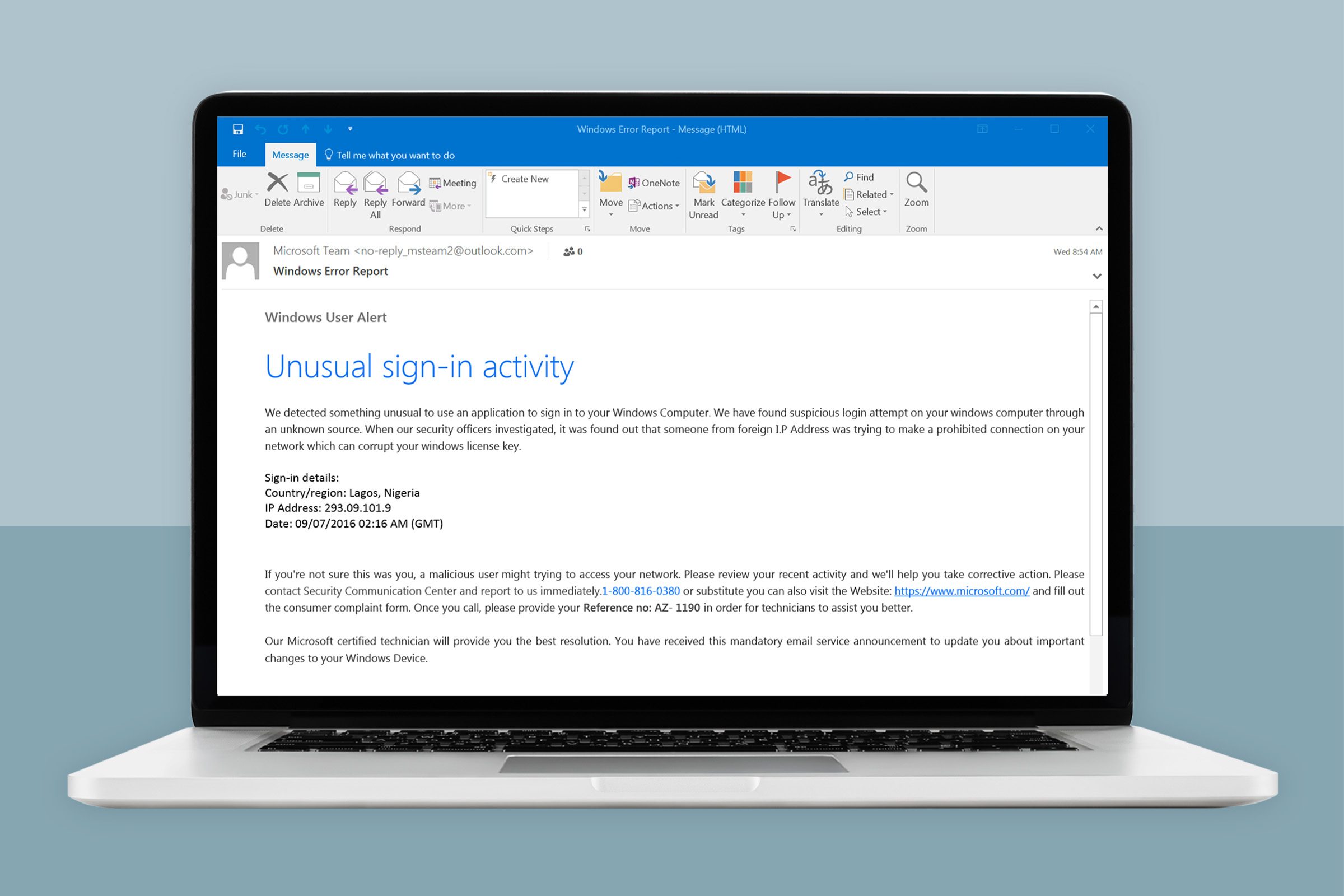 Example of a phishing email within a laptop
