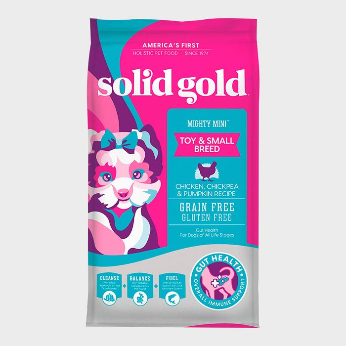 Pet food bag featuring cartoon dog, advertising 