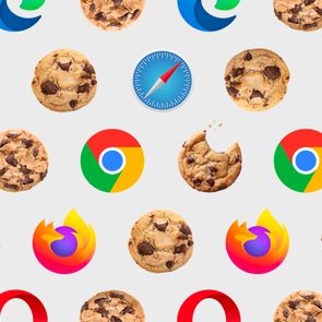 Cookies and browser logos are arranged in a grid on a light background. Some cookies are whole, and one has a bite taken out.