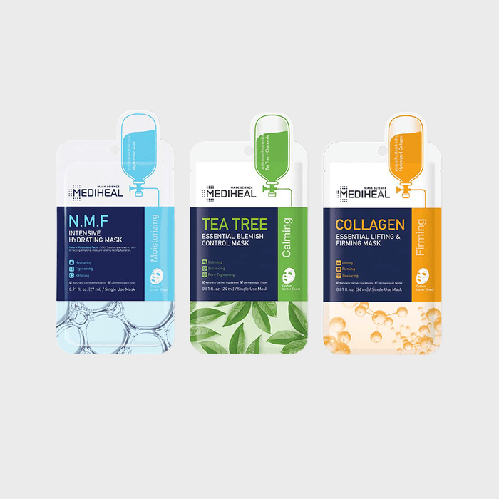 Three facial mask packages are displayed: blue for hydrating, green for calming, and orange for firming, with graphics and brief descriptions.