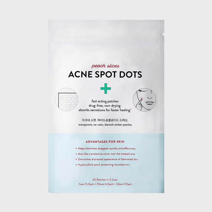 Package displays acne spot patches; designed to absorb secretions and heal faster. White background with turquoise text detailing advantages and patch sizes.