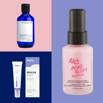 Blue bottle labeled "Pyunkang Yul Essence Toner" and a pink bottle labeled "No Poreblem Primer" are shown on colorful backgrounds. "Hero Rescue Balm" displayed.