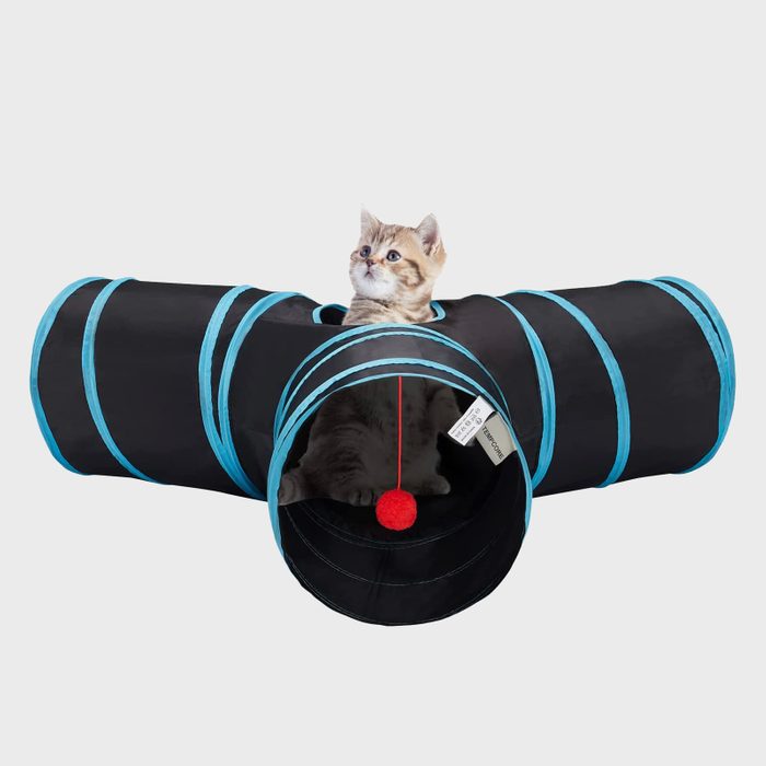 Kitten sits inside a black and blue three-way tunnel, looking upward. A red ball hangs from the tunnel's entrance. Gray background.