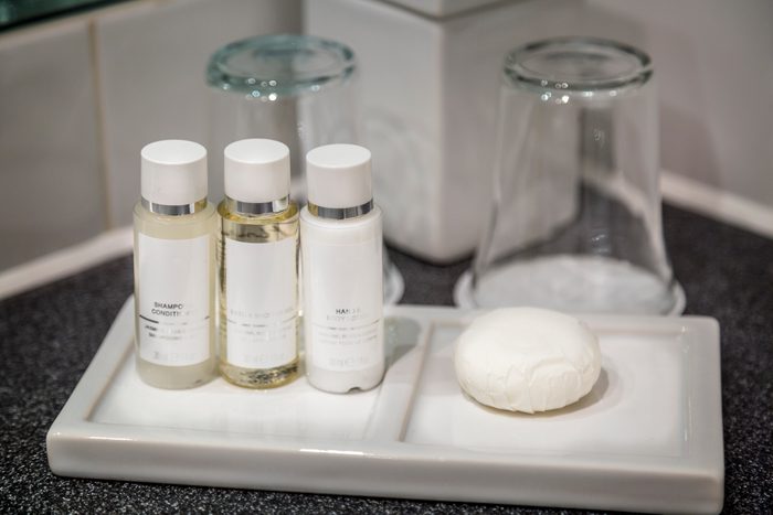 Hotel soaps on a tray in the bathroom