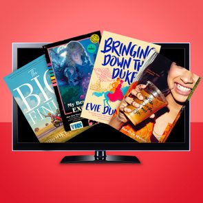 Television displays four overlapping book covers including 