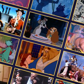 Collage of animated and live-action movie scenes, featuring characters in various settings: dining, music, dancing, and toy adventures. Bright colors and diverse themes.
