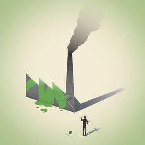 Factory chimney emits smoke; person paints it green, indicating environmental change; green backdrop.